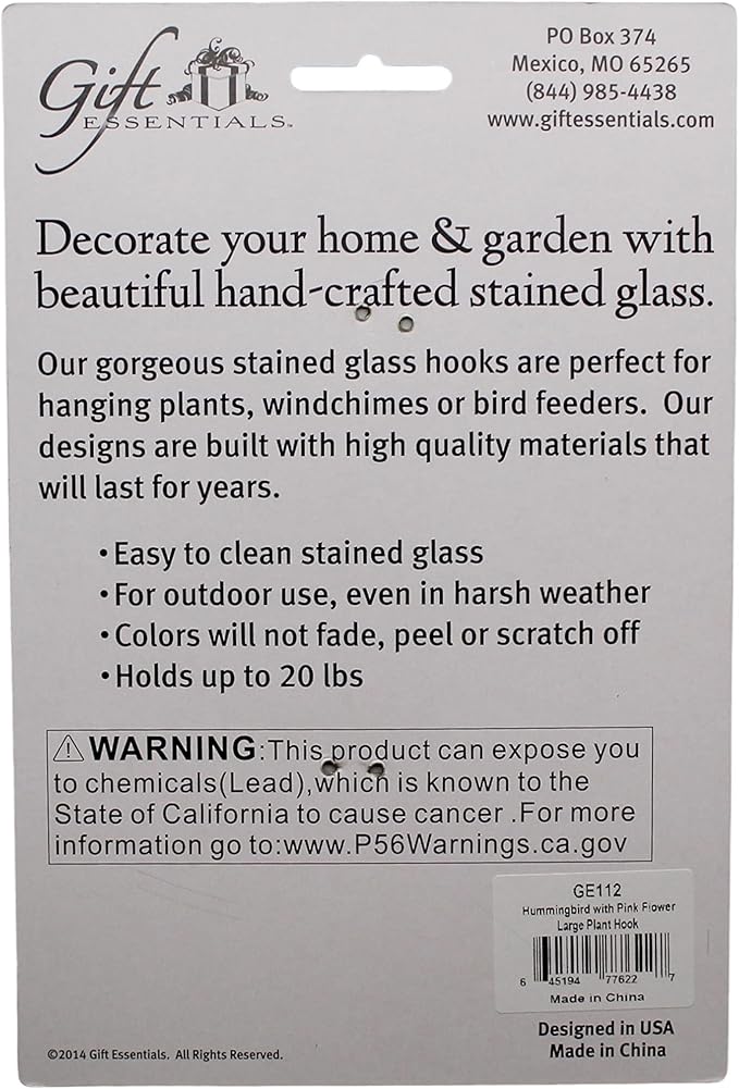 Plant Hanger Hook - Hummingbird with Pink Flower - Stained Glass Sun Catcher Plant Hook for Indoor and Outdoor Use - Copper S Hooks Top and Bottom