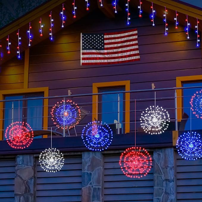 3 Pack 4th of July Lights Decorations 480 LED Remote&Time 8 Light Mode Red White and Blue Firework Lights Battery Operated, American Flag Patriotic Memorial Day Independence Day Outdoor Decor