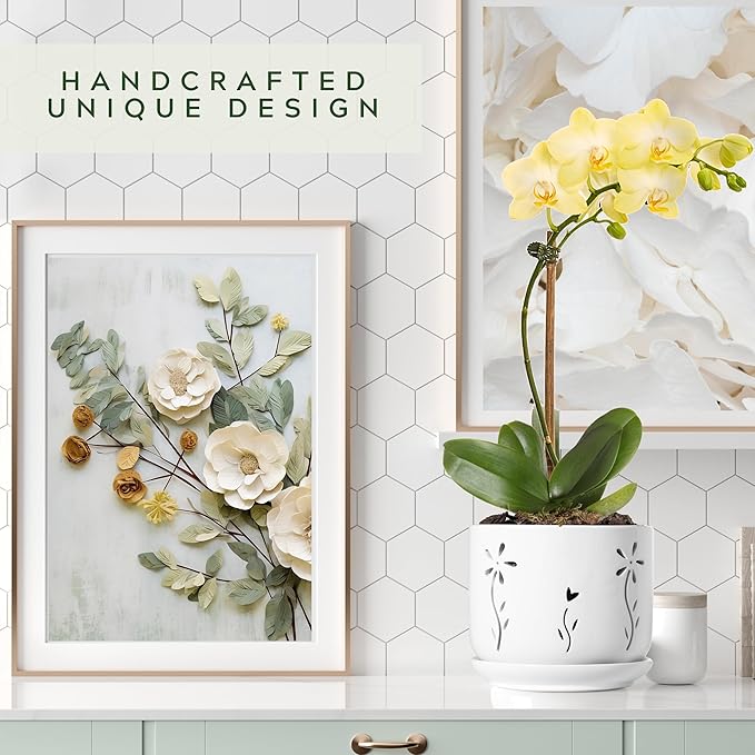 Set of 2 White Orchid Pots with Holes and Saucer, 5 + 6 Inch Ceramic Orchid Planters for Repotting with Drainage Holes and Tray, Plant Flower Pot containers for Orchid Indoor Outdoor