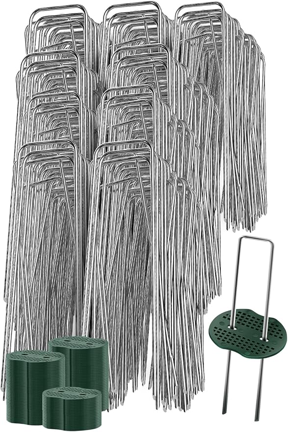 GROWNEER 100 Pack Galvanized Landscape Staples 6 inch 11 Gauge Garden Staples and 100 Pack Gasket U-Shaped Tent Stakes SOD Pins Yard Stakes for Securing Weed Fabric Barrier Ground Cover Fence
