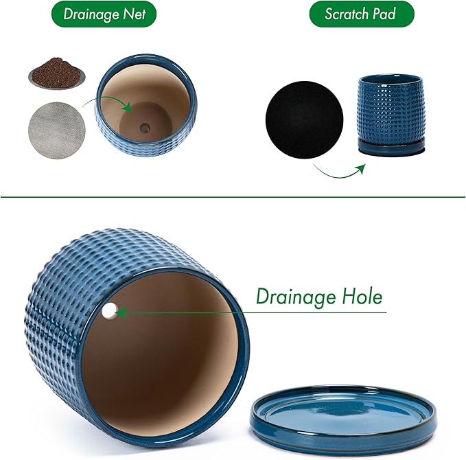 D'vine Dev 4 Inch Ceramic Beaded Stoneware Planter Pot - Flower Pot with Drainage Holes and Saucers for Indoor Succulent Plants or Flowers, Blue, 27-C-Z-3