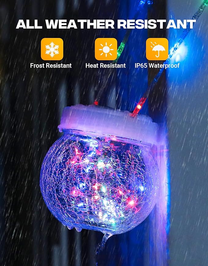 Solar Lantern Solar Lights Outdoor Waterproof 6-Pack, Solar Powered Hanging Lights Cracked Glass Hanging Globes for Christmas Decoration, Shepherd Hook, Garden Tree Ornaments,White Cap, Multi-Color