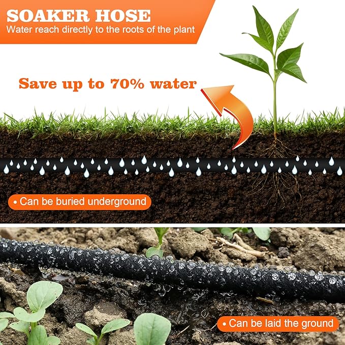 Soaker Hose 10 FT for Garden 1/2" Diameter Irrigation Hose Save 70% of Water Solid Brass Interface Eminently Suitable for Lawn and Garden Beds Cover