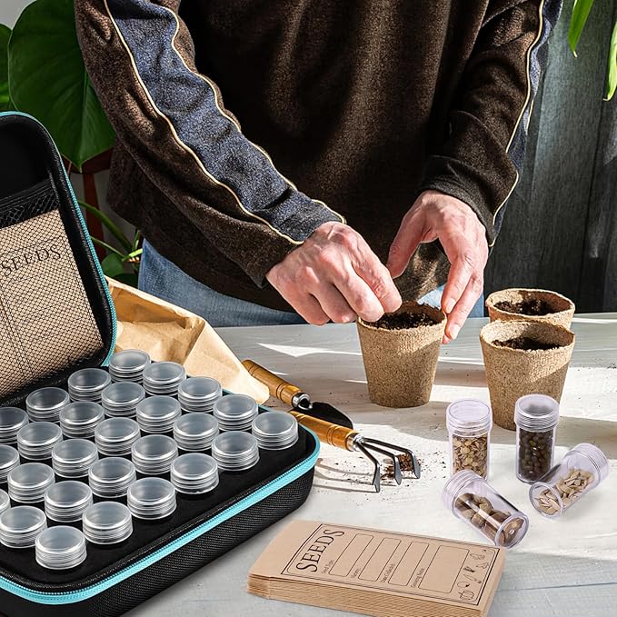 30 Slots Seed Storage Organizer with 20 Seed Envelopes, Sturdy Seed Organizer Storage Box with Zipper Bag Label Stickers(Seeds not Included), Seed Storage Container for Flower Plants Garden