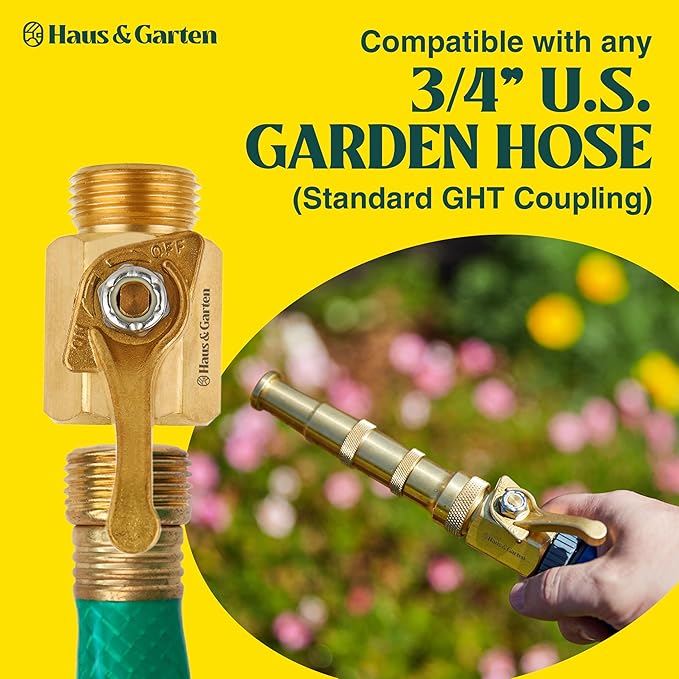 Haus & Garten Heavy-Duty 3/4" Brass Garden Hose Shut Off Valve - Garden Hose Connector, Water Shutoff, Gardening Hose Nozzle Valve, Outdoor 3/4 Inch GHT Brass Shut Off Valve Attachment (1-Pack)