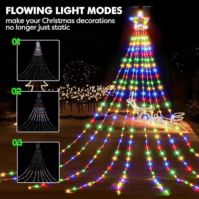 BlcTec Christmas Decorations, 352 LED Christmas String Lights with 9 Strands 11.7ft Waterfall Christmas Tree Lights, 8 Modes, Waterproof, Timer for Yard Patio Outdoor Xmas Décor, Flowing Multicolor