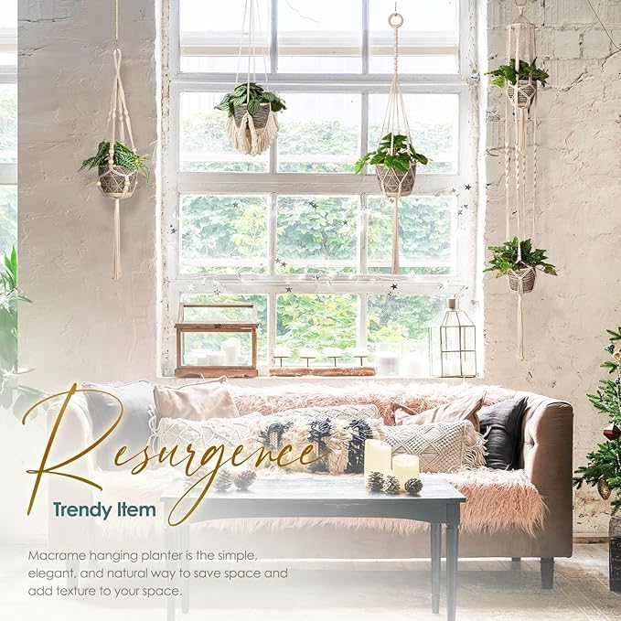 ANROYE Macrame Plant Hanger for Indoor Set of 4, Bohemian Hanging Planter with Tassels for Flower Pot, Boho Decorative Houseplant Rope Holder for Home Decor Bedroom Window Farmhouse