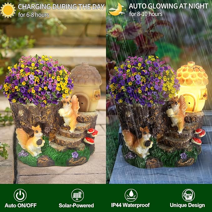 Solar Garden Statue Squirrel Decor,Flower Pots Planters Pots for Succulent,Outdoor Garden Sculpture for Patio Balcony Yard Lawn Decor,Unique Gift for Dad Mom Grandma