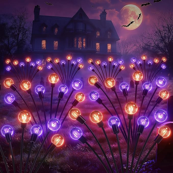 4Pack Halloween Decorations Outdoor, KELME Purple & Orange 32 LED Swaying Solar Halloween Lights Outdoor, 2 Modes Outdoor Halloween Decorations Decor Halloween Solar Lights for Party Yard Garden