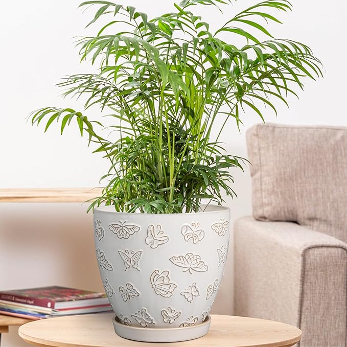 Ceramic Planter 8 Inch - White Plant Pot with Drainage Hole and Saucer Modern Flower Pot for Indoor Outdoor Plants