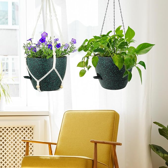 10 inch Self Watering Hanging Planters, 2 Pack Hanging Flower Pots for Indoor Outdoor Plants, Hanging Baskets with Drainage Holes & 2 Kinds of Plant Hangers for Home Decor, Speckled Black