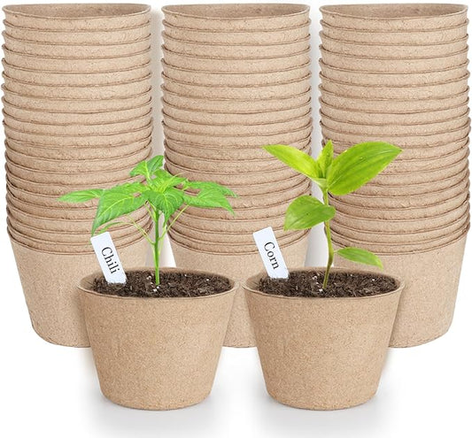66 Pack Organic Peat Pots, 4 Inch Nursery Pot, Round Plant Seedling Pots with Drainage Holes, Small Seed Starting Starter Tray Bulk, Garden Germination Container with 66 Planting Labels(10 cm)