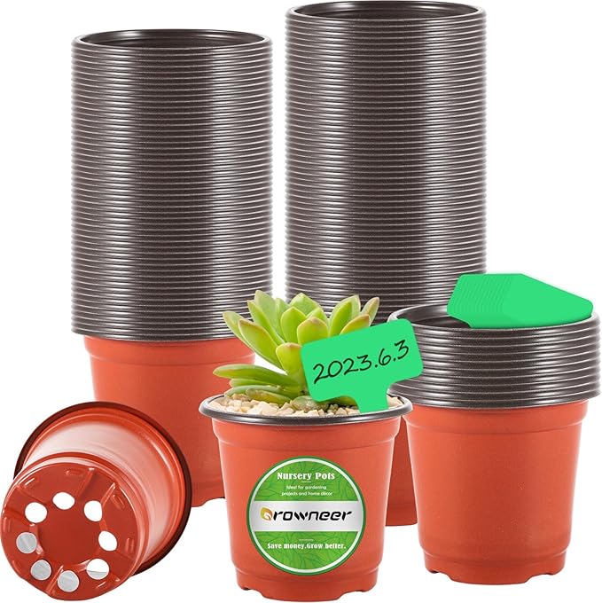 GROWNEER Nursery Pots 120 Pcs 4 Inch Plastic Plant Pot with 15 Pcs Plant Labels, Small Seed Starter Set Flower Planter Seedling Pots Grow Container for Indoor Outdoor Garden Transplant