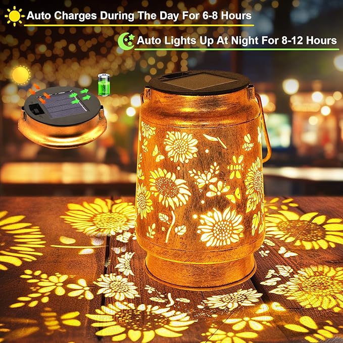 2 Pack Solar Lanterns Outdoor Garden Decor with Shepherd Hook, Gardening Gifts for Mom Grandma Women Sunflower Metal Decor Lantern Waterproof Solar Lights LED Decorative for Garden Yard Patio
