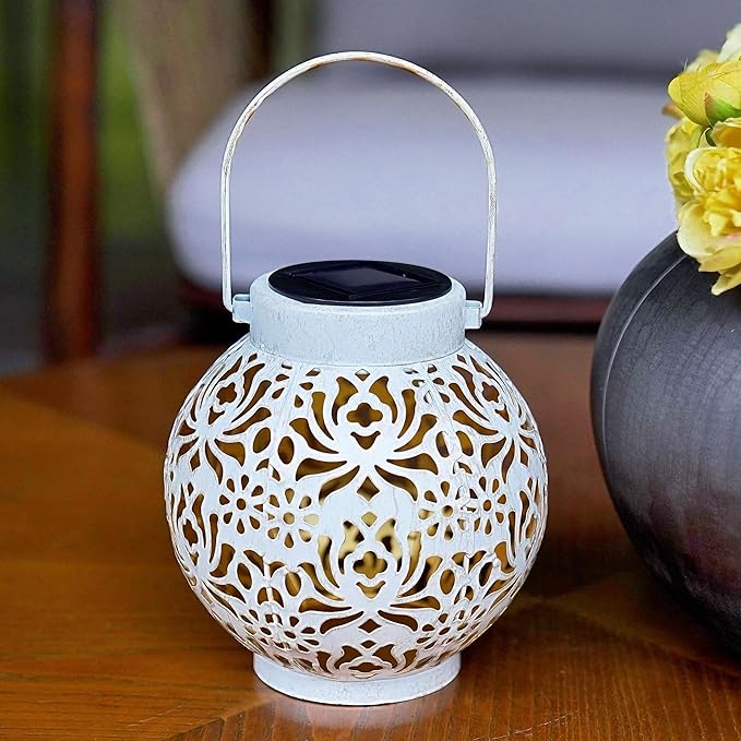 Set of 2 Outdoor Solar Hanging Lantern Lights Metal LED Decorative Lamp for Garden Patio Courtyard Lawn and Table with Hollowed-Out Design (White)