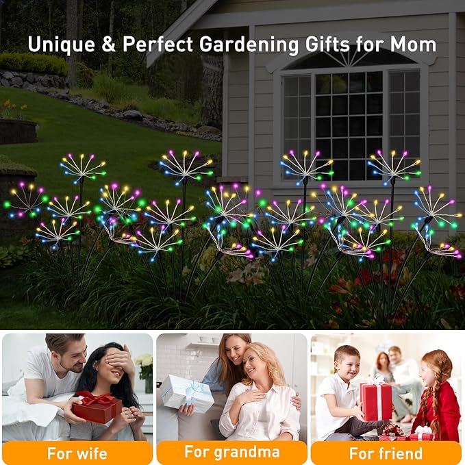 Kwaiffeo 4 Pack Solar-Powered Firework Fairy Lights, Solar Light Outdoor Waterproof Christmas & Garden Decor for Pathway/Patio/Yard - Gardening Gifts for Women (Multicolor)