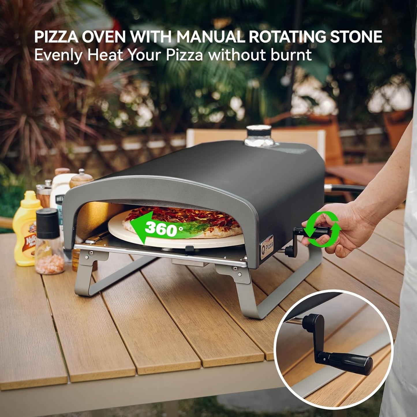 Q Pizza Portable Propane Pizza Oven with Manual Rotating Stone, Tabletop Gas Stove for Outdoor Kitchen, Gas Oven for Making Pizza, Bread, Steak, Pie, PS104