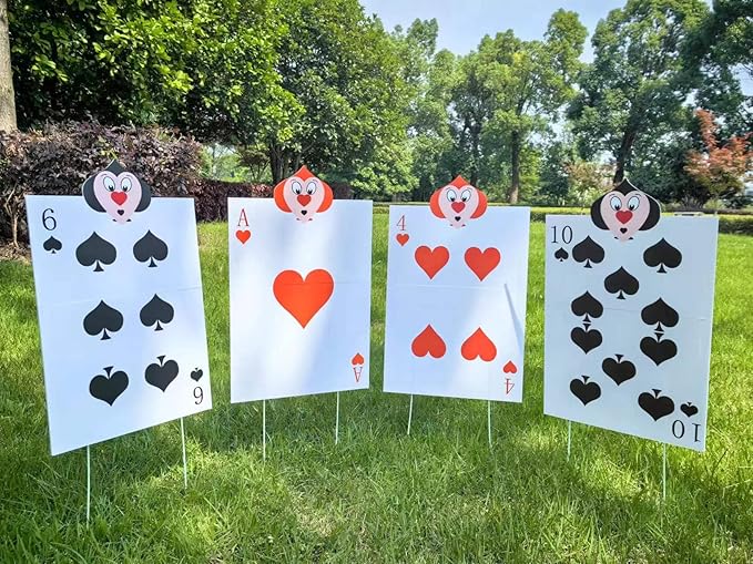 4 PCS Queen's Soldiers Yard Signs with Stakes Trick or Treat Party Hearts Costume Decor Large Lawn Sign Halloween Decorations Outdoor
