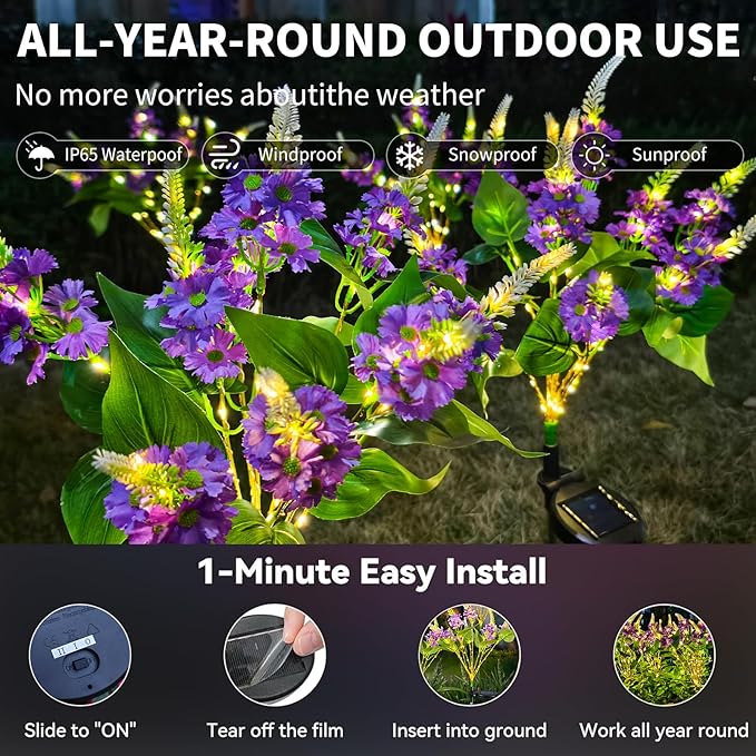 Neporal Solar Flowers Outdoor Waterproof Purple, Lilac Garden Solar Lights Decorative 4PK 8-Stem, 2 Lighting Modes, Solar Powered Garden Decor, Solar Yard Decor