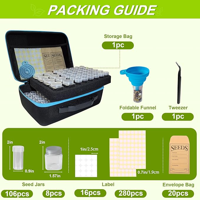 114 Slots Seed Storage Organizer Box with 20 Seed Envelopes, Large Capacity Seed Storage Container with Zipper Bag, Label Stickers, Tweezers, Funnel, Garden Seeds Saver Kit for Vegetable, Flower