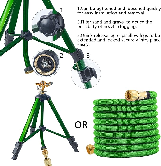 Hourleey Impact Sprinkler on Tripod Base, Heavy Duty Brass Sprinklers for Yard Lawn Garden, 0-360 Degree Large Area Coverage, 3/4 Inch Connector Extension Legs Flip Locks with Brass Sprinkler Head