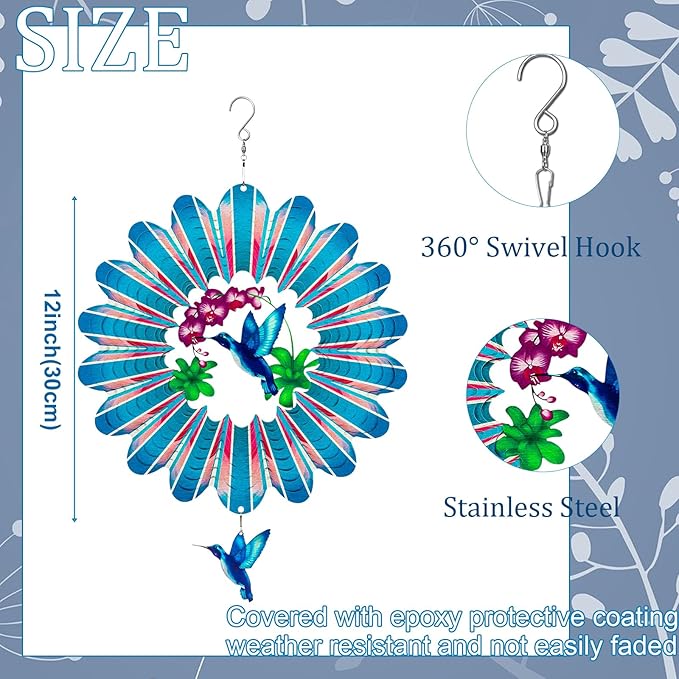 TUOKING Hummingbird Wind Spinners Outdoor Garden Decor 12 Inch 3D Hanging Wind Sculpture Stainless Steel Wind Spinner for Yard and Garden Decoration Worth Gift for Women