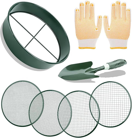 Soil Sieve Sifter Set with Shovel Gloves, Garden Sieve Set with 4 Interchangeable Mesh 3,6,9,12mm, Dirt Sifter for Sand, Rock, Compost, Soil Scoops Garden Tool (Green Sieve Set)