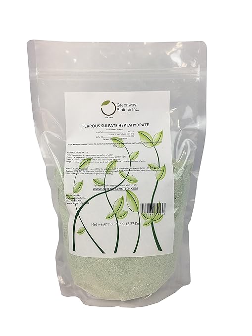 Greenway Biotech Ferrous Sulfate Heptahydrate Fertilizer Includes 20% Iron (Fe) 12% Sulfur & 100% Water Soluble Powder- Organic Lawn Fertilizer for Vegetables and Plant Growth - 5 Pounds