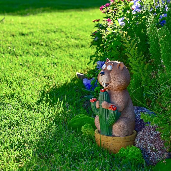 Solar Groundhog Garden Statue with LED Lights - Resin Cactus Planter Ornament for Outdoor Decor, Lawn, Patio, Yard, and Balcony, Unique Garden Gift for Women, Mom, and Grandma