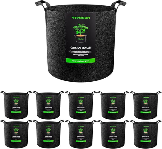 VIVOSUN 10-Pack 3 Gallon Grow Bags, Reinforced Planter Fabric Pots for Gardening Black