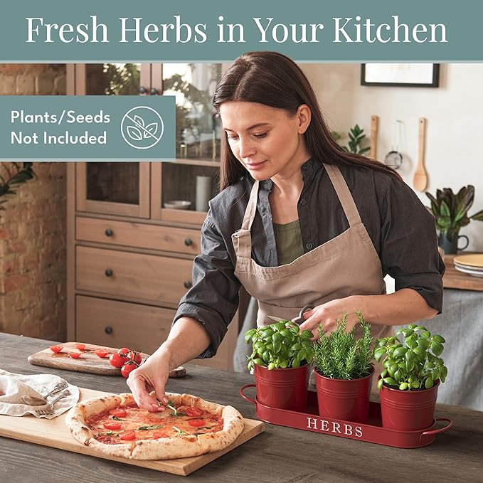 Barnyard Designs Indoor Herb Garden Planter Set with Tray, Metal Windowsill Plant Pots with Drainage for Outdoor or Indoor Plants, Set/3 (Brick Red)