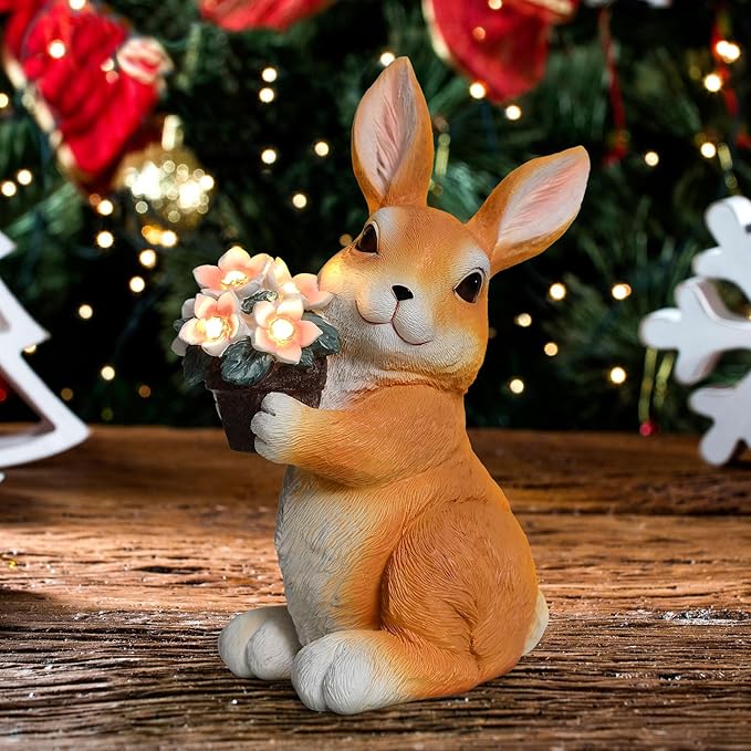 SIX FOXES Solar Garden Outdoor Statues Bunny with Flowers LED Lights - Large Size XXL(10.4×4.5×5.7 inches), Rabbit Decor for Patio, Balcony, Yard, Lawn Ornament, Unique Gifts for Everybody