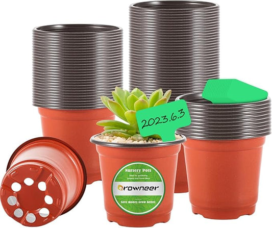 GROWNEER Planting Pots 60 Pcs 4 Inch Plastic Nursery Pot with 15 Pcs Plant Labels, Small Seed Starting Flower Planter Container for Seedling Indoor Outdoor Garden