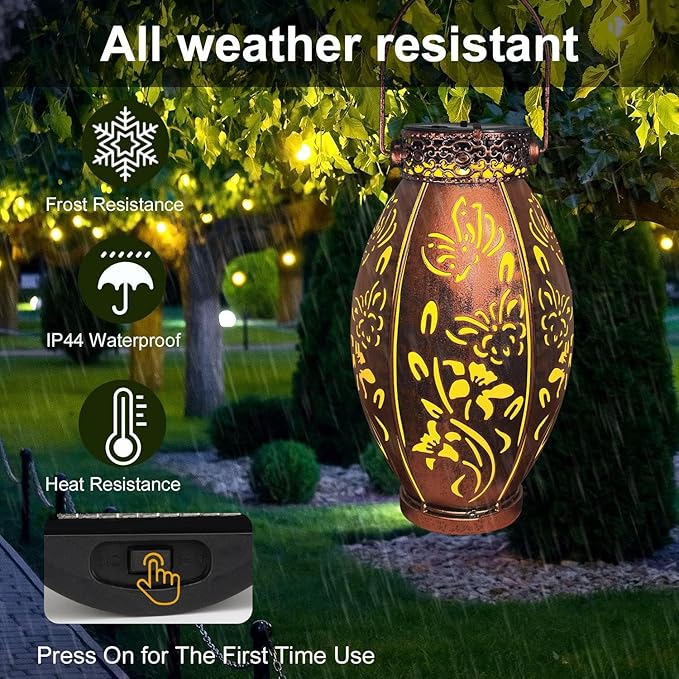 Butterfly Lantern 2 Pack Solar Lanterns Outdoor Hanging Solar Lights, Upgraded Metal Garden Lanterns - Waterproof LED Decorative Light for Garden Patio Yard Gifts for Mom Grandma Women
