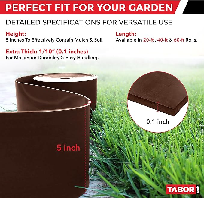 TABOR TOOLS 20 Ft Terrace Board, 5 Inch High, 0.1" Inch Thickness, Landscape Edging Coil, Grass Barrier, Bender Board, Garden Liner, ES33. (Brown)