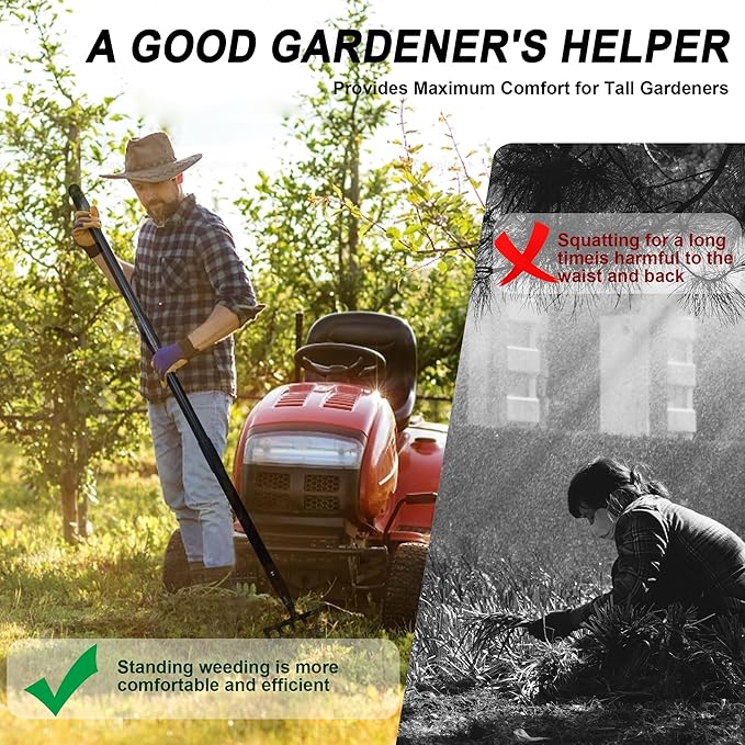 6-Tines Rake and Stirrup Hoe - Adjustable Long Handle Scuffle Loop Hula Action Hoe for Weeding, Digging, Loosening Soil, Stainless Steel Tiller Cultivator for Gardening, Raised Flower Beds Planting.