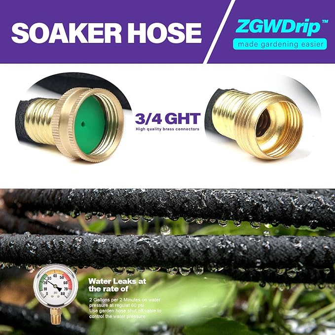 Soaker Hose 15 FT,1/2 Inch Soaker Garden Hose with 3/4" Solid Brass Connectors