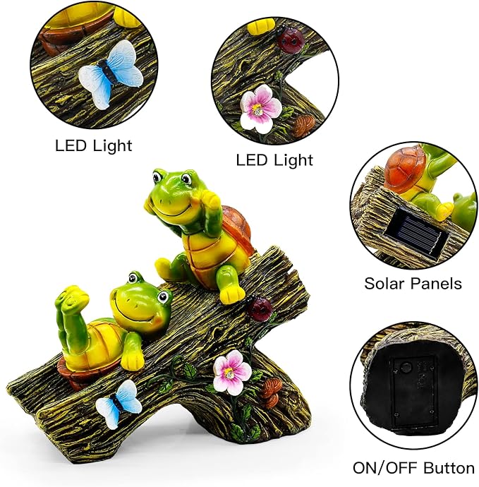 Garden Turtle Figurines Outdoor Decorations, Solar Statue Sweet Frog Face Turtles Decor with 4 LED Lights, Unique Garden Art Resin Statue Gifts for Patio Lawn Porch Yard