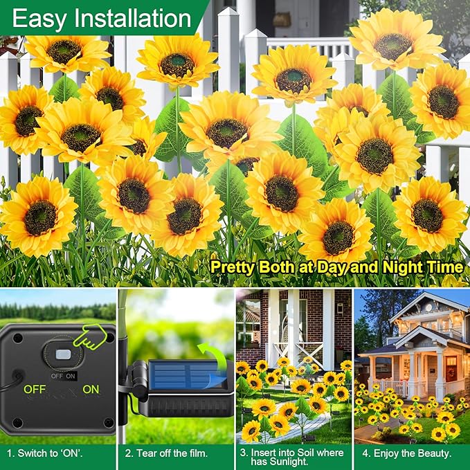 Solar Garden Lights for Outside, 2024 Upgraded Solar Outdoor Lights with 18 Beautiful & Realistic Sunflower Lights, Bright Waterproof Yard Lights for Patio Outdoor Garden Decor
