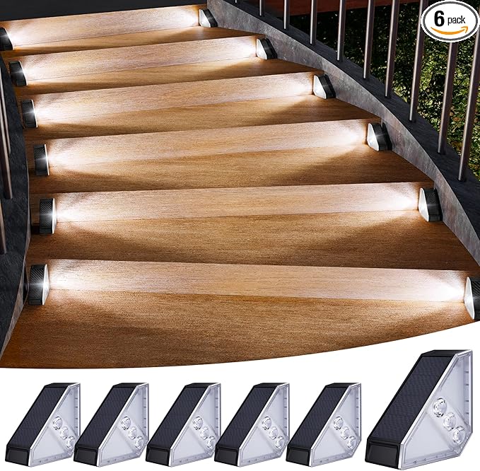 KINKAI 6 Pack Solar Stair Lights, Outdoor Triangle Step Light Waterproof Deck Lighting for Outside, Step Front Door Porch Yard Patio Decor (White Light)