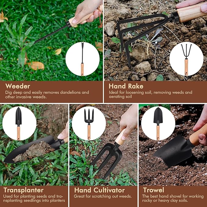 YAUNGEL Gardening Tools - 10Pcs Garden Tool Set Heavy Duty Stainless Steel Gardening Supplies Hand Tools with Wooden Handle, Storage Tote Bag, Ideal Gardening Gifts for Women and Men, Black