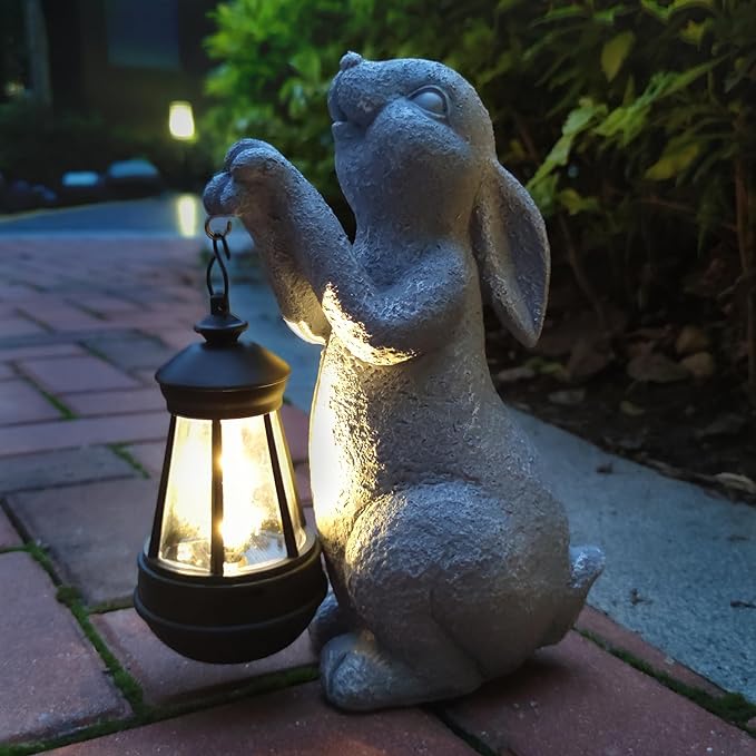 Rabbit Solar Garden Outdoor Statues,Resin Rabbit Figurine Decorations with Solar Lights Lantern, Outdoor Rabbit Art Decor for Lawn,Yard, Unique Housewarming Gift for Garden Home