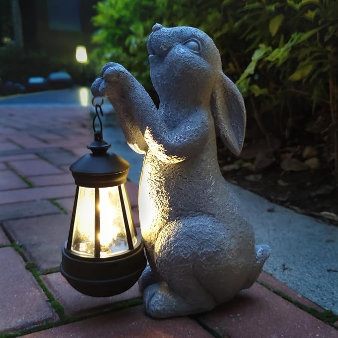 Rabbit Solar Garden Statues,Resin Rabbit Figurine Decorations with Solar Lights Lantern, Outdoor Figurines Lawn Garden Statue Decor Art for Lawn,Yard, Balcony Ornament.