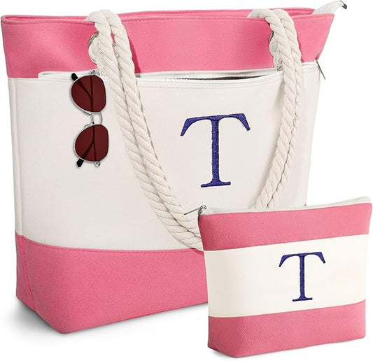 YOOLIFE Beach Bags for Women - Initial Tote Waterproof Bag with Makeup Bag, Mothers Day Gifts for Women Mom Friend Birthday