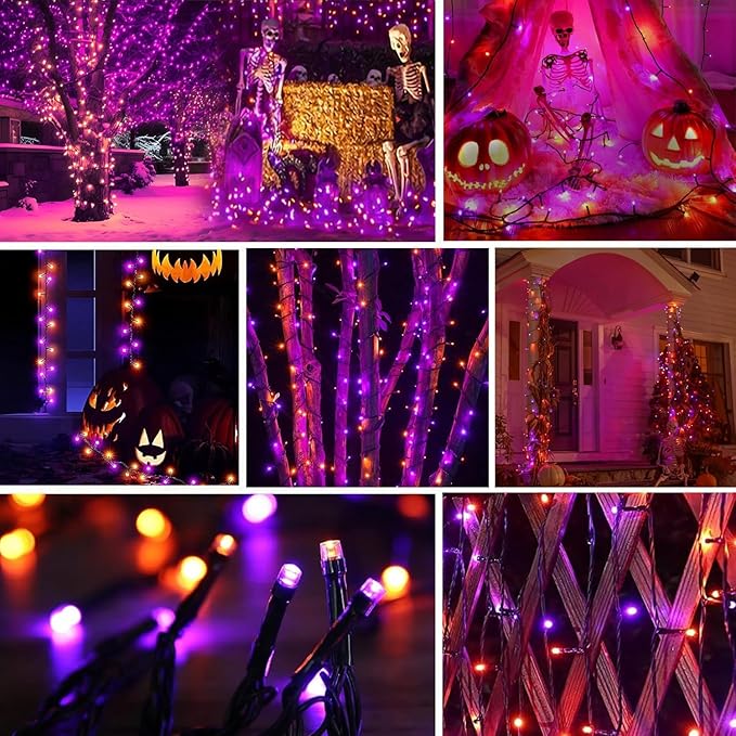 6-Pack Solar String Lights, 600 LED Extra-Long 236Ft Solar Halloween Lights Outdoor Waterproof, 8 Modes Led Halloween Lights for Garden, Patio, Wedding(Purple & Orange)