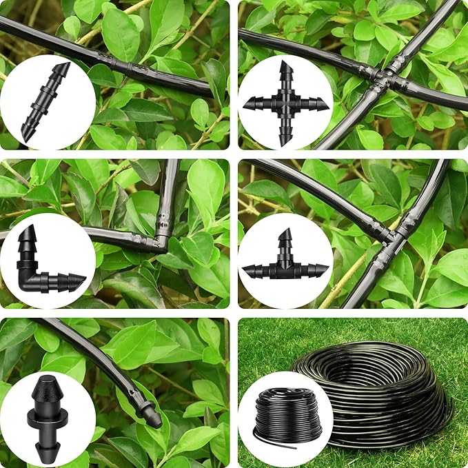JAYEE 100Ft 1/4 Inch Drip Irrigation Tubing with 33 Pcs Drip Irrigation Parts - 10 Couplings, 10 Tees, 4 Elbows, 4 4-way Couplings, 5 End Plugs - Drip Irrigation Hose Kit for Drip or Sprinkler Systems