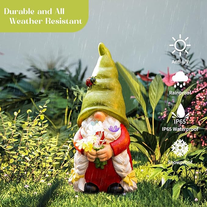 Solar Garden Gnome Lady Statues Outdoor Gnomes with Flowers Lights Porch Patio Lawn Yard Decoration - Ideal Christamas Gardening Birthday Gifts for Woman Mom