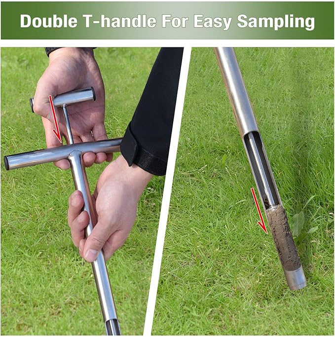 Soil Probe 16 Inch with 2 Bags, Soil Sample Probe with Ejector for Lawn House Plants, T-Handle Soil Sampler Probe Rod, Stainless Steel Soil Test Kits Tool for Soil Sampling