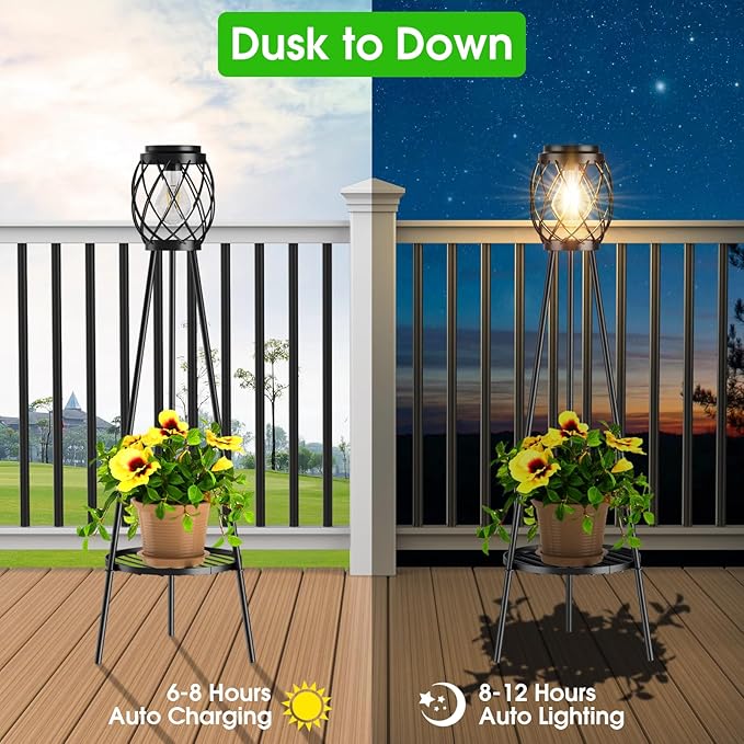 Solar Floor Lamp with Plant Stands，Solar Lights Outdoor with Vintage LED Edison Bulbs, Weatherproof Garden Lights for Pathway, Patio, Yard, 8-10 Hours Lighting, IP55 Waterproof