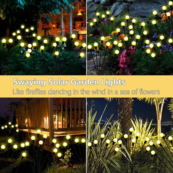 Solar Garden Lights Outdoor, 6 Pack 60 LED Solar Firefly Lights Waterproof, Sway by Wind, Solar Swaying Light for Yard Patio Backyard Garden Planter Flower Bed Pathway Outdoor Decoration (Warm White)